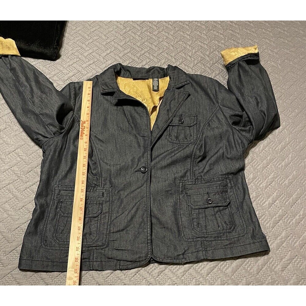 Apostrophe Blue Denim Gold Lined Pocketed Single Button Jacket Coat SZ 16W - Picture 10 of 11